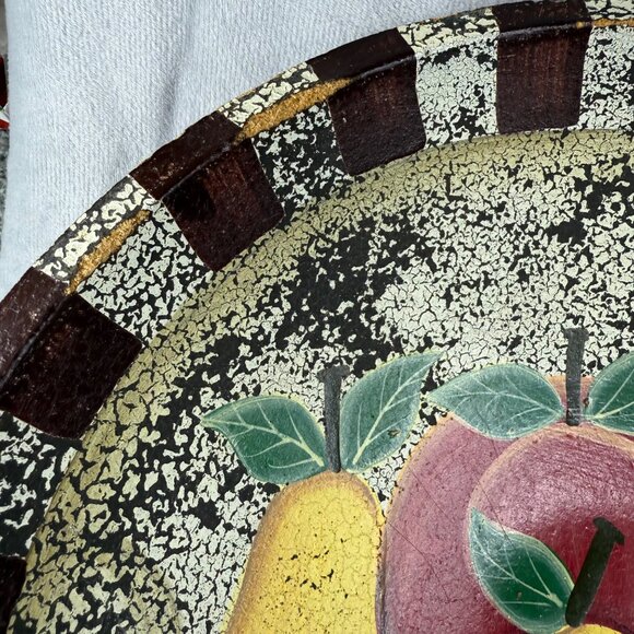 Decorative Wooden Bowl Painted Fruit Apple Pear Design Farmhouse Rustic Decor - Picture 8 of 16